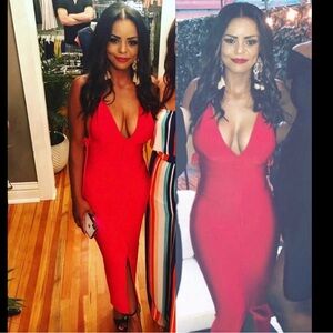 Plunge backless midi bandage dress